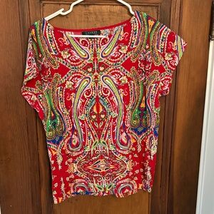 Ralph Lauren Red Multicolor Paisley Short Sleeve Top